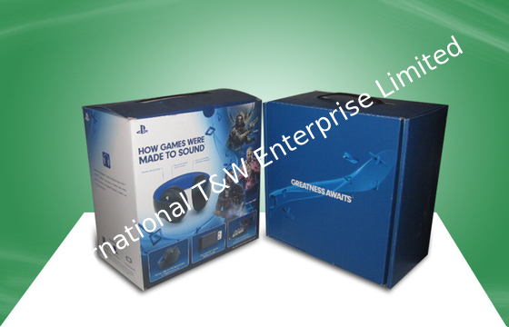 ভালো দাম Blue Strong Corrugated  Paper Packaging Boxes With Plastic Handle For Ear - phone অনলাইন